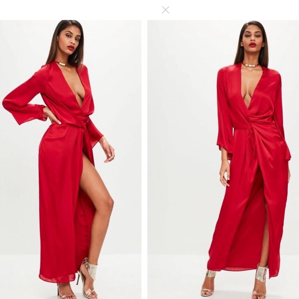 Red Satin Plunge Kimono Maxi Dress